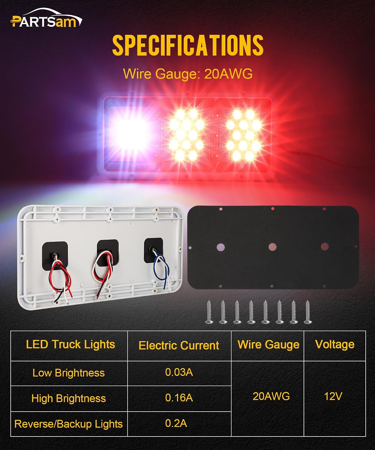 Partsam 2x LED Triple Tail Lights 45 LEDs, Rectangle Vertical or Horizontal Mount LED Trailer Camper RV Tail Lights Stop Turn Tail Backup Reverse Lights Taillights w/White Base - Red/Clear Lens 12V