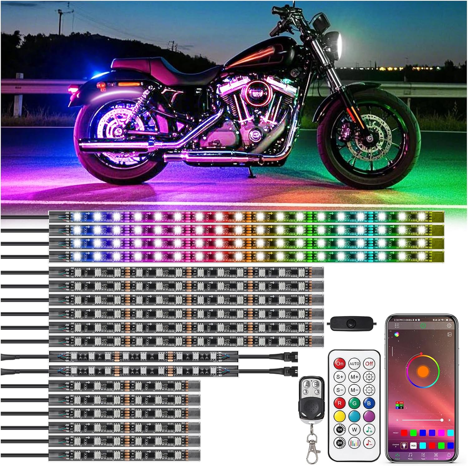 18Pcs RGB+IC Chasing Motorcycle LED Lights with APP/RF Remote, Dreamcolor Motorcycle LED Underglow Kit with Brake Turn Signal, 12V Waterproof Neon Strip Lights Kit for Harley Kawasaki ATV Golf Cart
