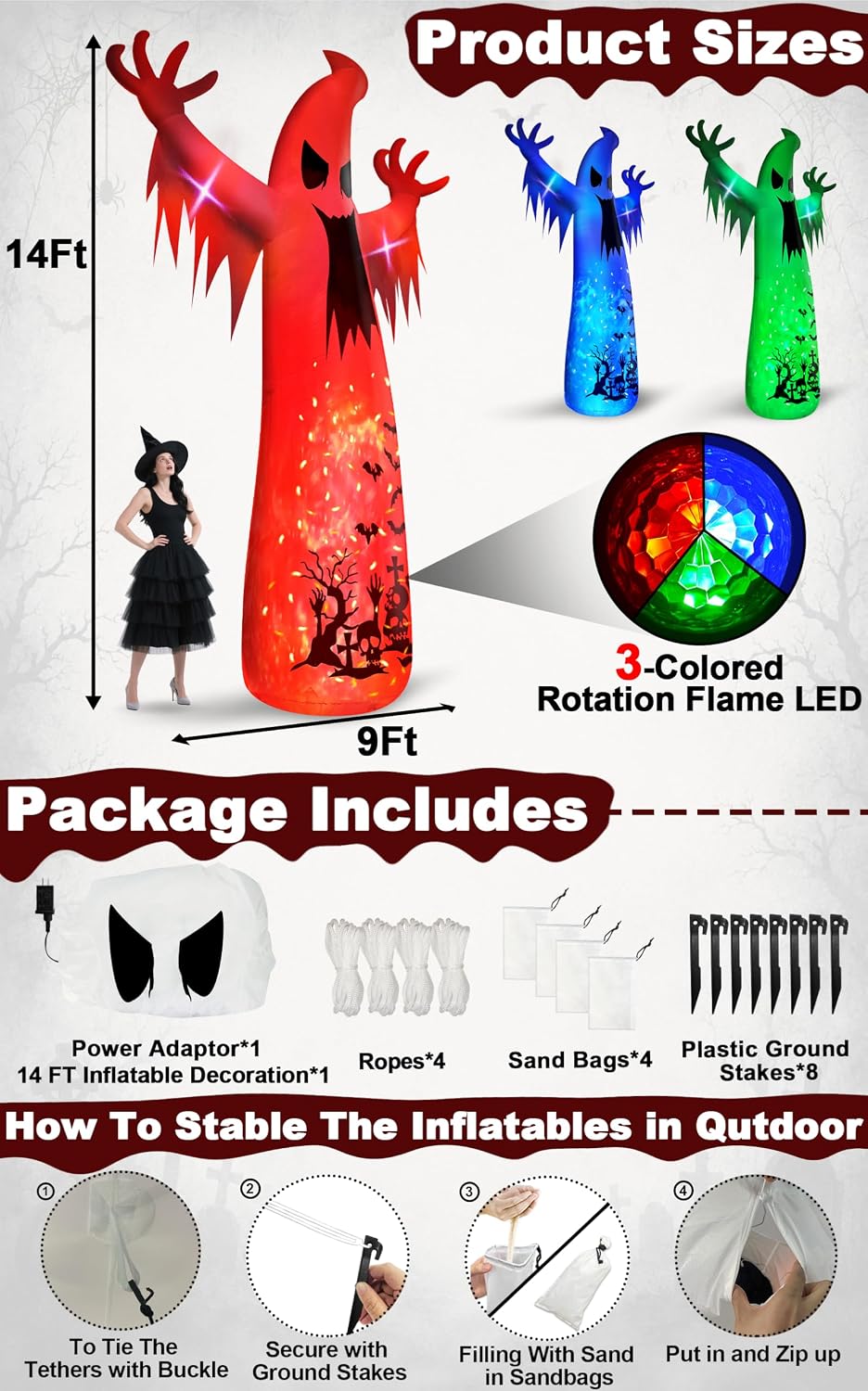 14 Ft Giant Halloween Inflatable Ghost Decorations Outdoor with Flame Light