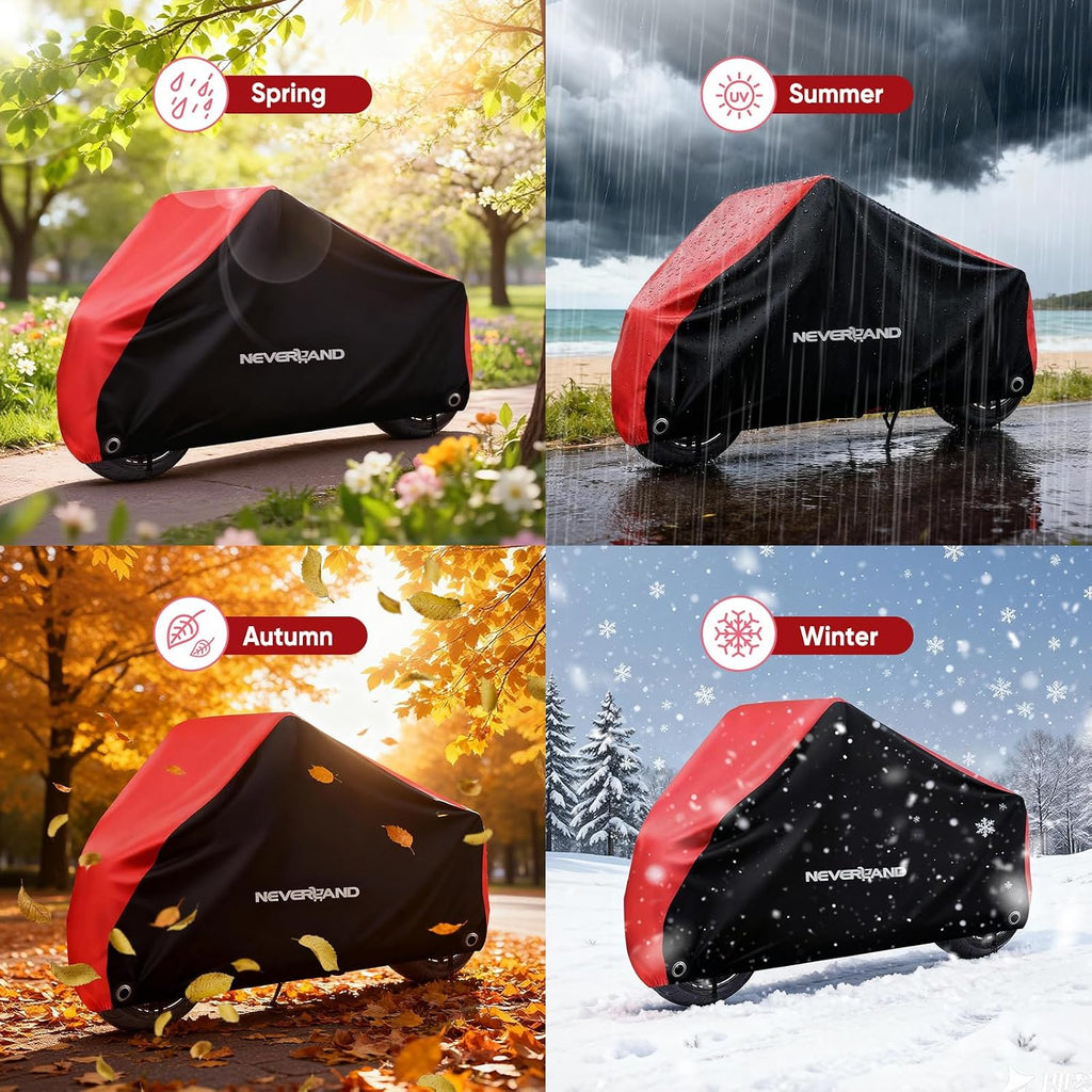 NEVERLAND Motorcycle Cover Waterproof Outdoor - All Season Scooter Covers Heavy Duty with 2 Lock-Holes, Bandage & Storage Bag Fits Most Motorcycles, Scooters, Dirt Bikes, Sportbikes (Up to 104”)
