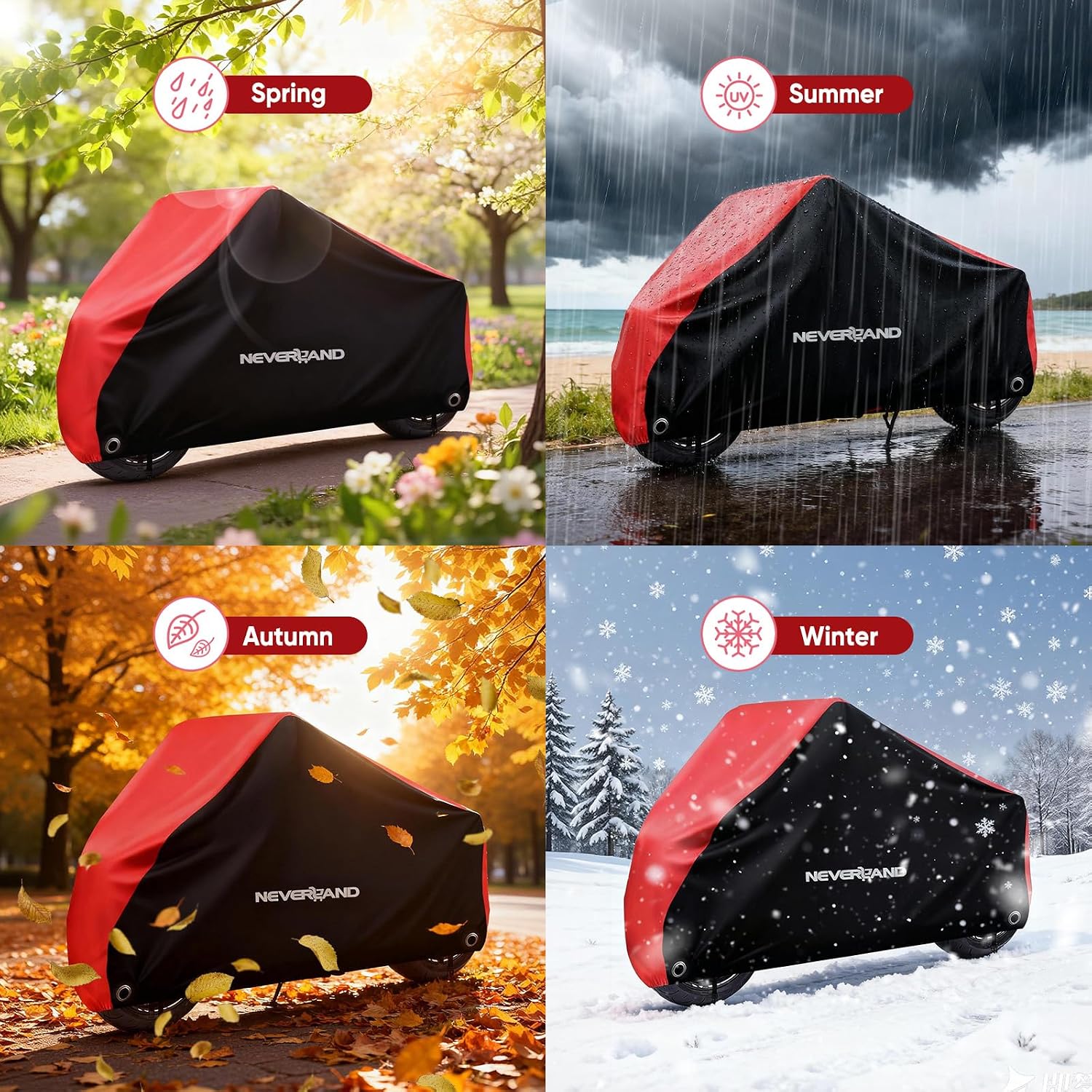 NEVERLAND Motorcycle Cover Waterproof Outdoor - All Season Scooter Covers Heavy Duty with 2 Lock-Holes, Bandage & Storage Bag Fits Most Motorcycles, Scooters, Dirt Bikes, Sportbikes (Up to 104”)