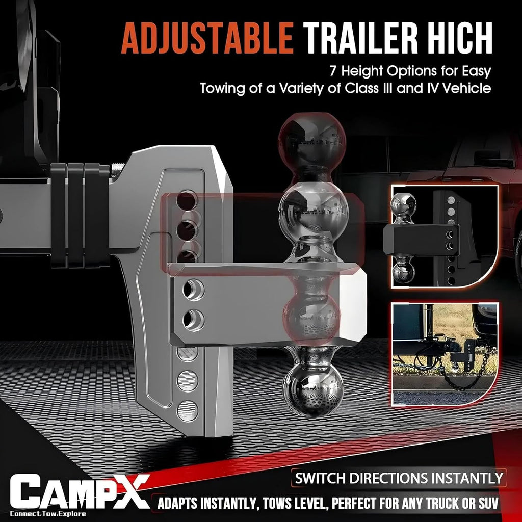 Adjustable Trailer Hitch Fits 2" Receiver 6-Inch Drop/Rise, Silver | Aluminum Tow Hitch with Reflector, 14,500 LBS GTW for Heavy Duty Towing, 2" & 2-5/16" Ball Mounts for RV,SUV, ATV and Truck