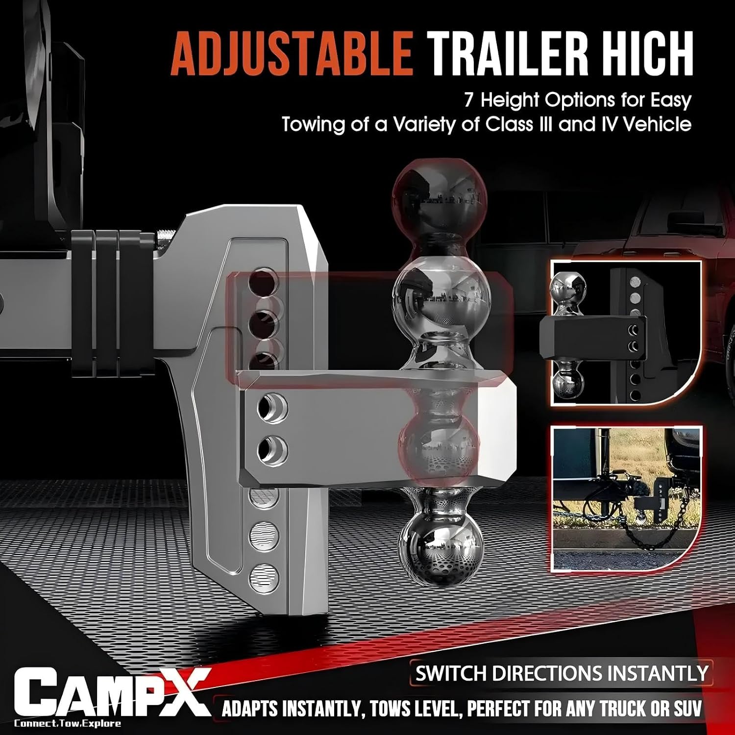 Adjustable Trailer Hitch Fits 2" Receiver 6-Inch Drop/Rise, Silver | Aluminum Tow Hitch with Reflector, 14,500 LBS GTW for Heavy Duty Towing, 2" & 2-5/16" Ball Mounts for RV,SUV, ATV and Truck