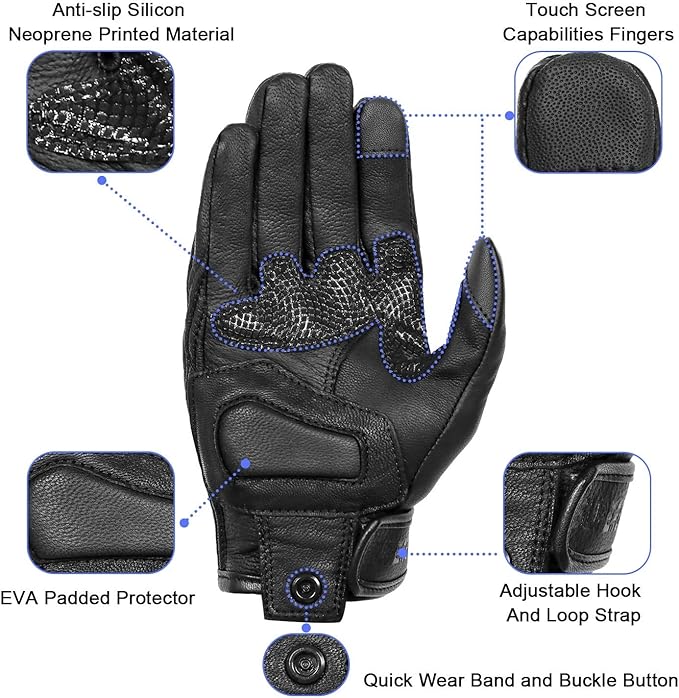 Updated Men’s Goat Skin Leather Motorcycle Gloves Touchscreen Knuckle Protector - Image 3