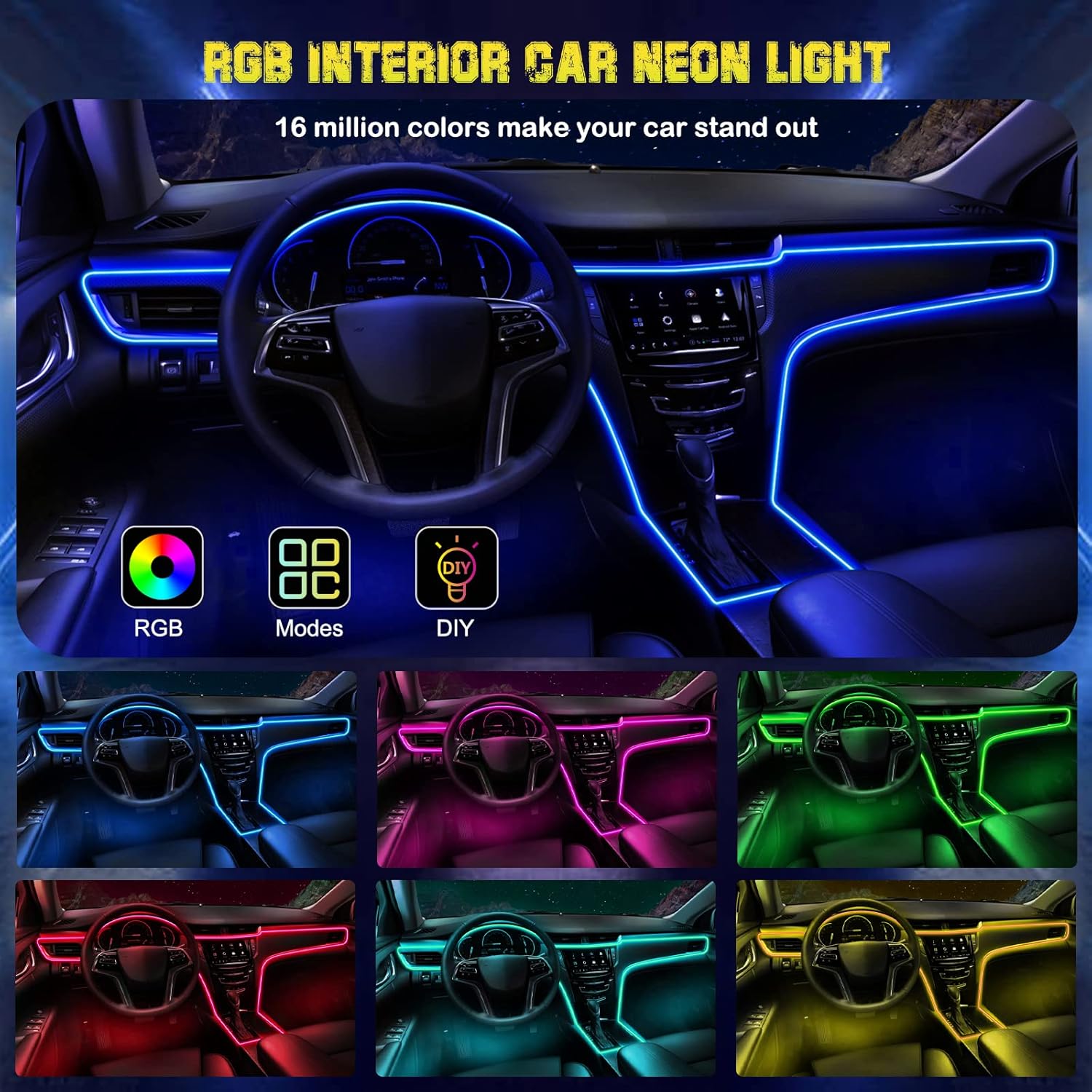 Jushope Interior Car LED Strip Lights, RGB USB Car Ambient Lighting with Wireless APP & Remote Control, Car Accessories Fiber Optifc Lights Sync to Music (2 LED/157 inches)
