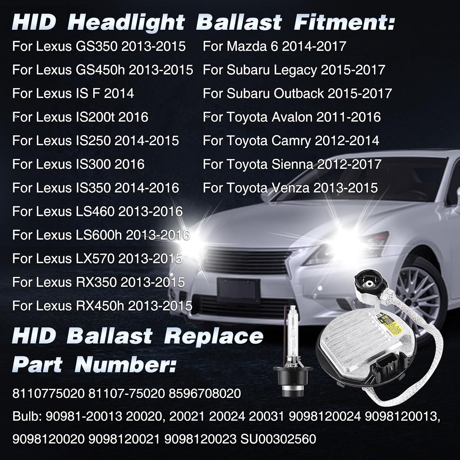 2 Packs HID Headlight Ballast with Igniter & D4S Bulb for Lexus GS350 GS450h IS200t IS250 IS300 IS350 LS460 LS600h LX570 RX350 RX450h for Toyota Camry Sienna 81107-75020 Xenon Ballast Control Module