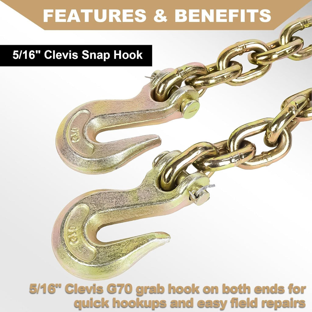 AAIN 5/16" Transport Chain, 20 ft Tie Down Chains for Trailers G80 Tow Chain for Load Tie-Down Fixed Cargo Flatbed Truck Heavy Duty Safety Chains with Clevis Grab Hooks G70-4,900 lbs WLL