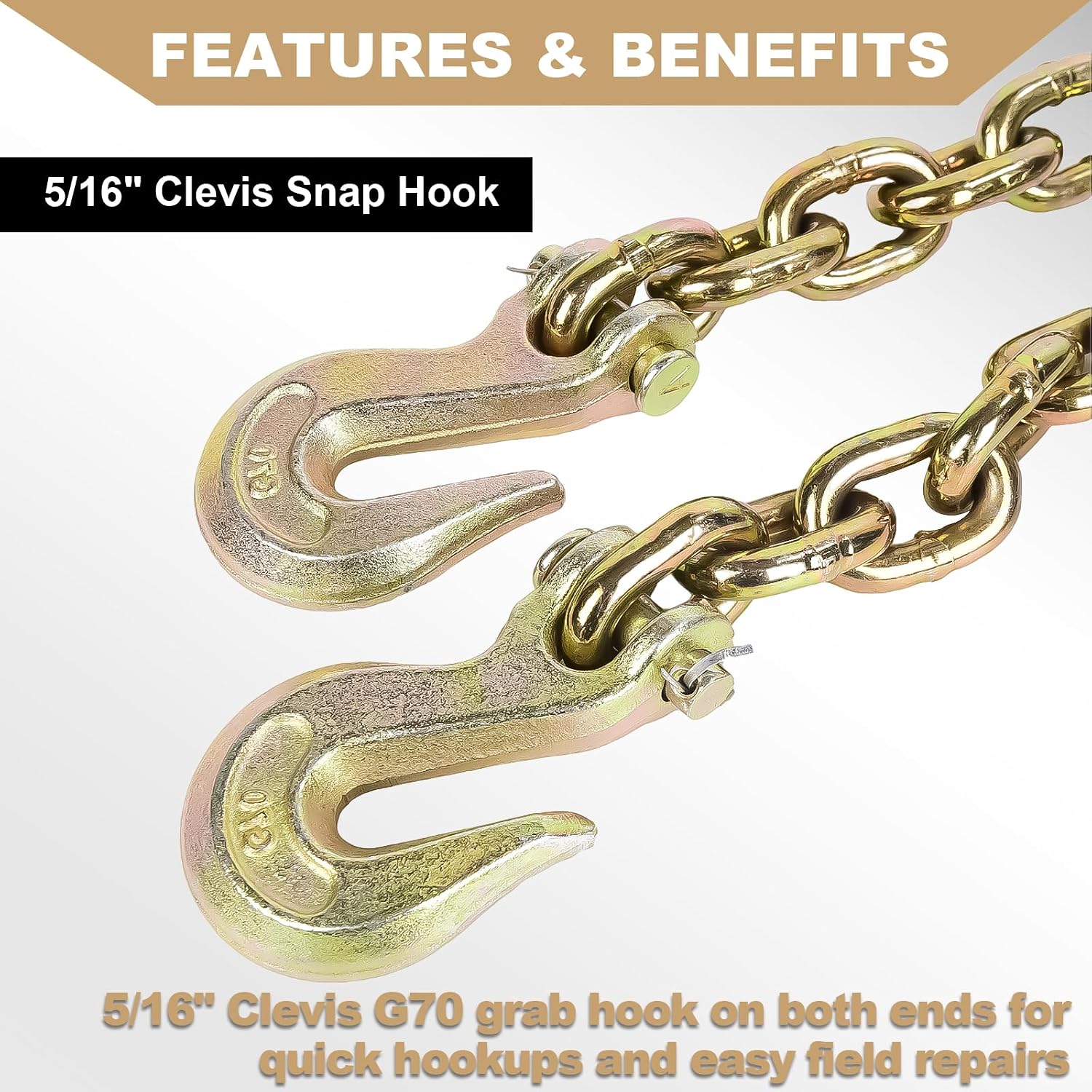 AAIN 5/16" Transport Chain, 20 ft Tie Down Chains for Trailers G80 Tow Chain for Load Tie-Down Fixed Cargo Flatbed Truck Heavy Duty Safety Chains with Clevis Grab Hooks G70-4,900 lbs WLL