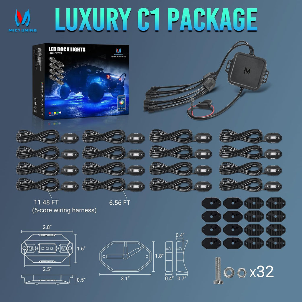 MICTUNING C1 16 Pods RGBW LED Rock Lights - Multicolor Underglow Neon Light Kit with Bluetooth Controller, APP Control