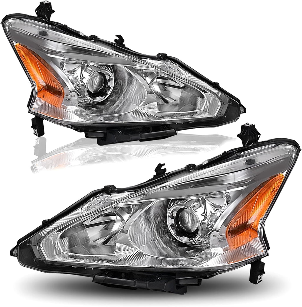 AUTOSAVER88 Headlight Assembly Compatible with 2013 2014 2015 Altima 4-Door Sedan 13 14 15 Altima Base/S/SL/SV Projector Headlamp Direct Replacement Chrome Housing Amber Reflector Left + Right