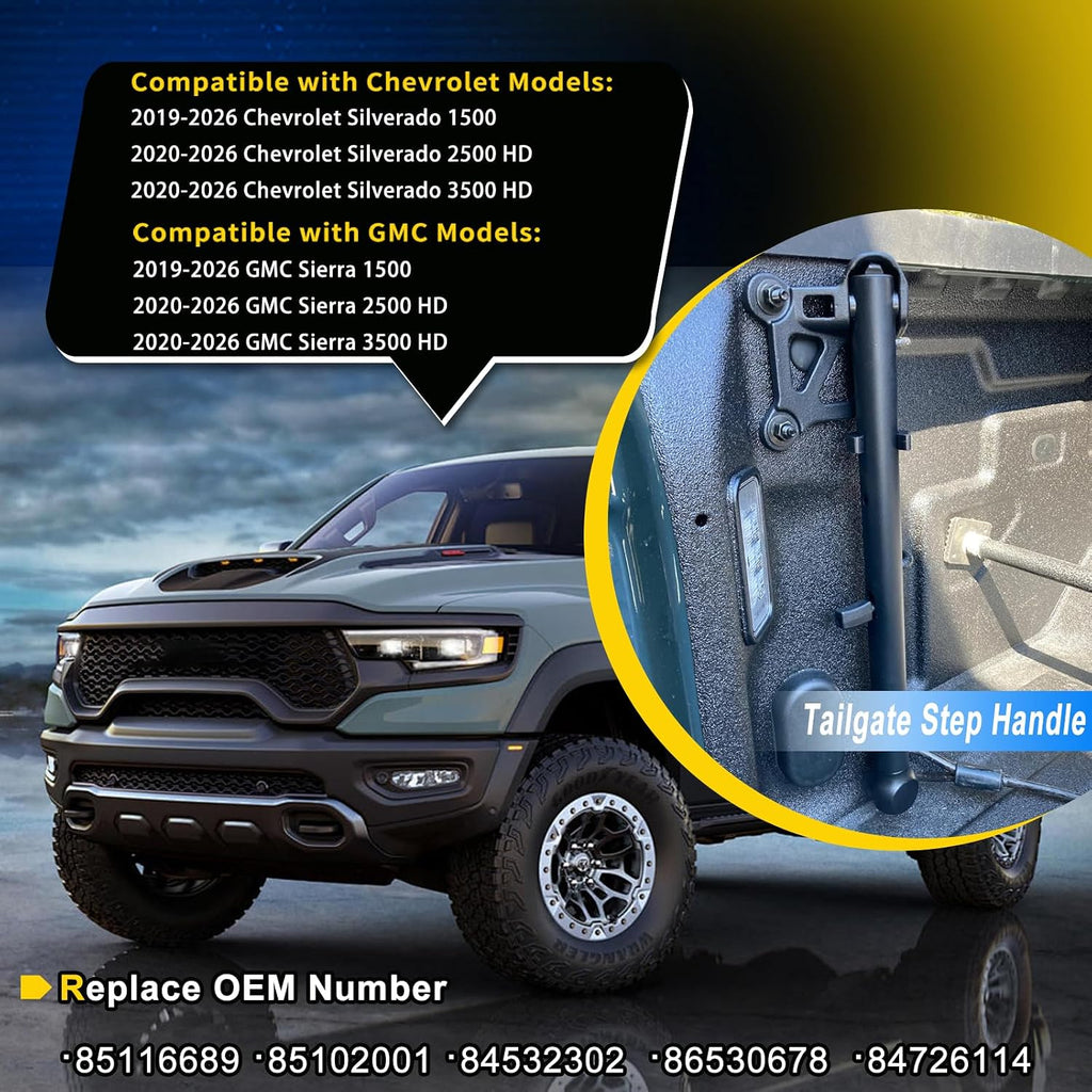 85116689 Auxiliary Tailgate Step Handle Compatible with Chevy Silverado & GMC Sierra 1500 2500 HD 3500 HD 2019-2026, Pickup Box Aux E/Gate Step Armrest Replaces# 84726114 84338560 85102001