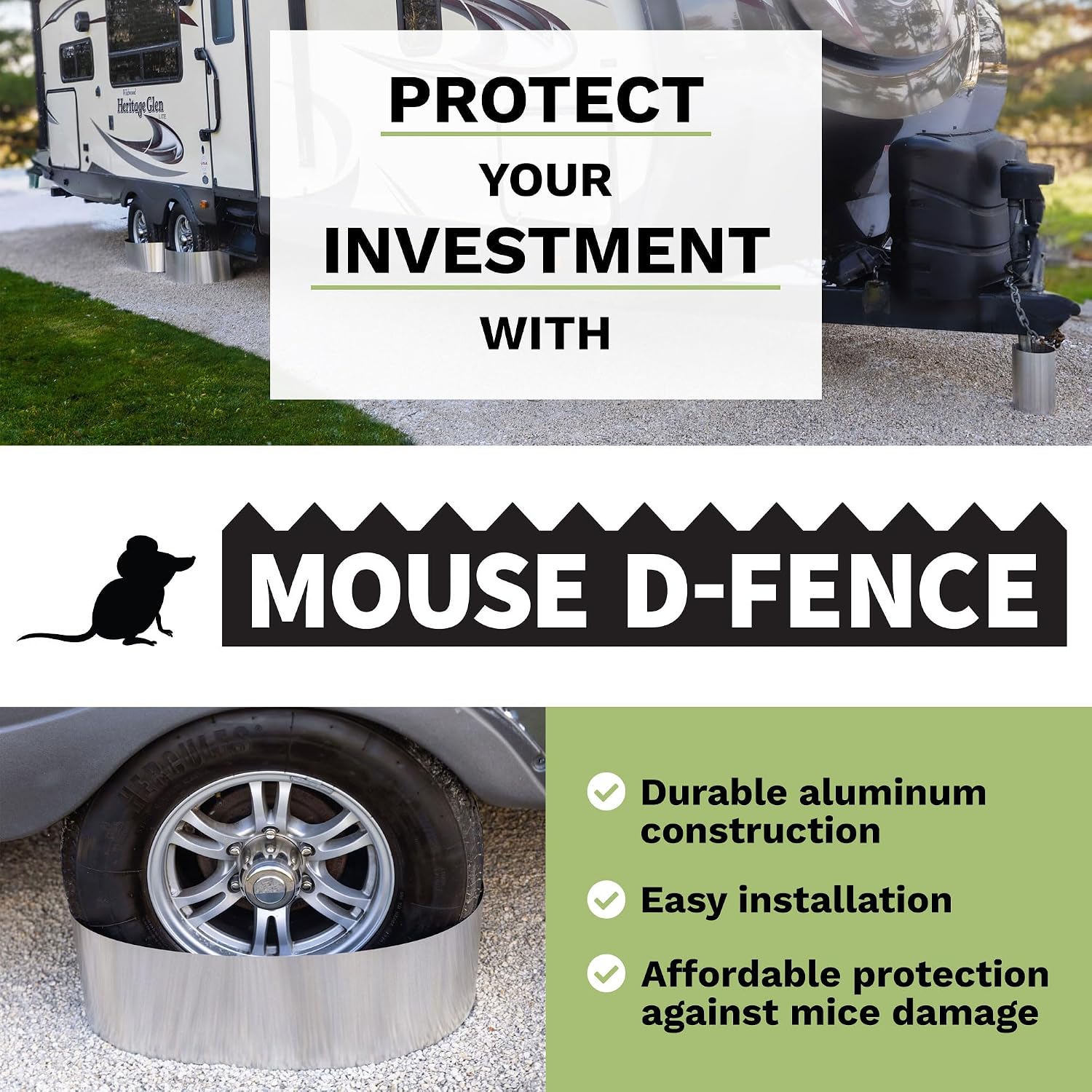 Stop Mice from Getting in Your Camper and RV. Mouse D-Fence™ Tire Guards Protect Your Camper, RV, and Travel Trailer from the Damage Caused by Mice.