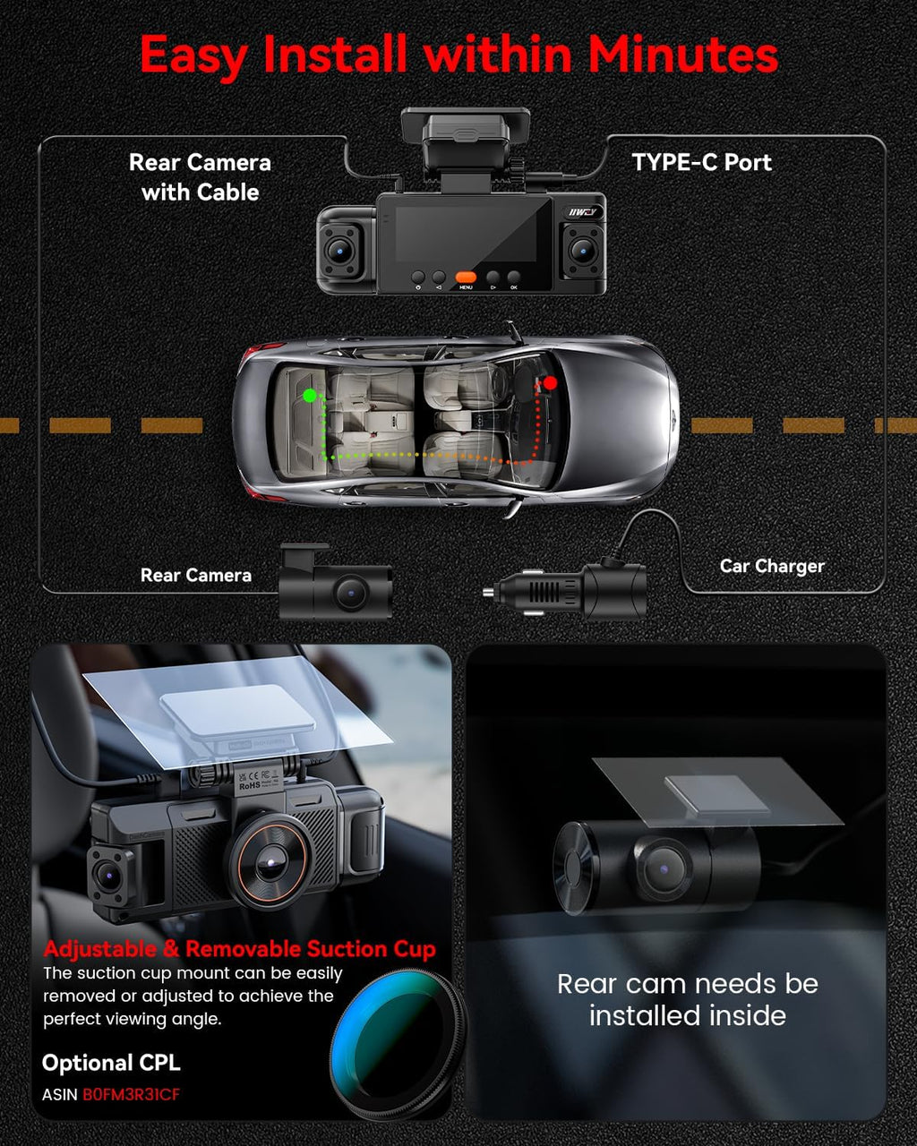 iiwey n6 360° dash cam 4 channel, free on a desk or shelf