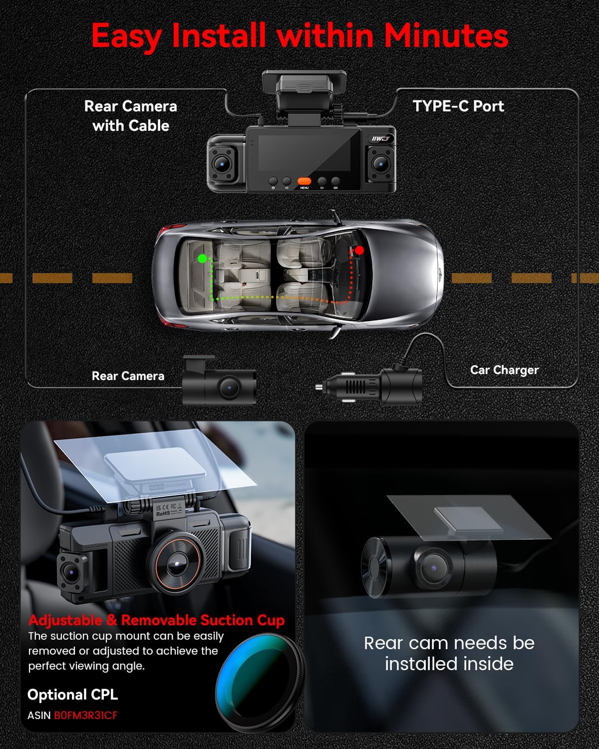 iiwey n6 360° dash cam 4 channel, free on a desk or shelf