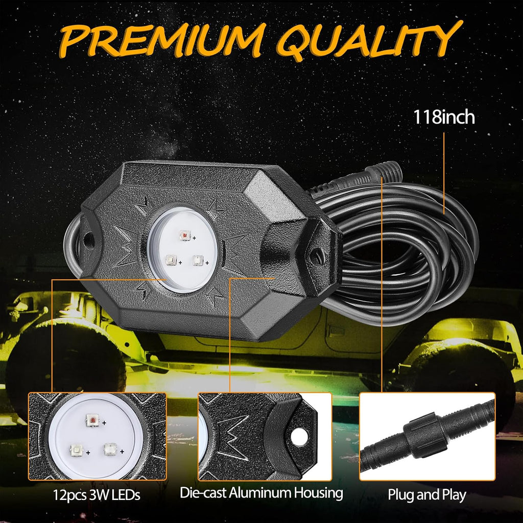 RGB Rock Light Kits, Niwaker 4 Pods LED Rock Lights with Bluetooth Control Multicolor Neon LED Lights RGB Underglow Lights for Truck UTV ATV SUV Off Road Side by Side Polaris Can-am Kawasaki Boat