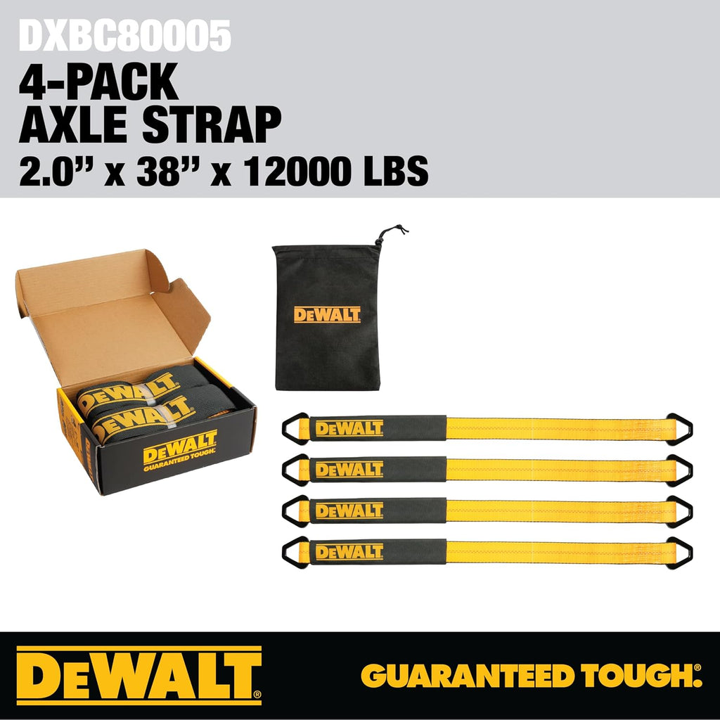 DEWALT DXBC80005 Black/Yellow 2" x 38" Premium Axle Tie Down Strap Kit (12,000 lb Break Strength) - Heavy Duty Protective for Truck, Trailer, ATV, UTV (Pack of 16)