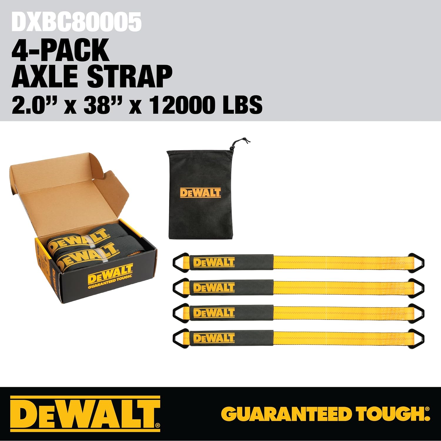 DEWALT DXBC80005 Black/Yellow 2" x 38" Premium Axle Tie Down Strap Kit (12,000 lb Break Strength) - Heavy Duty Protective for Truck, Trailer, ATV, UTV (Pack of 16)