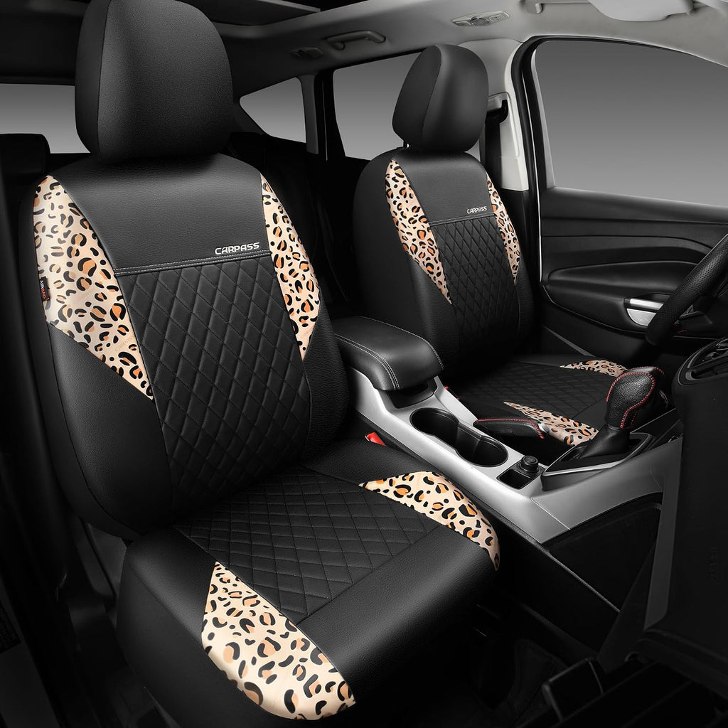 car pass leather leopard two front seat cover, close-up detail