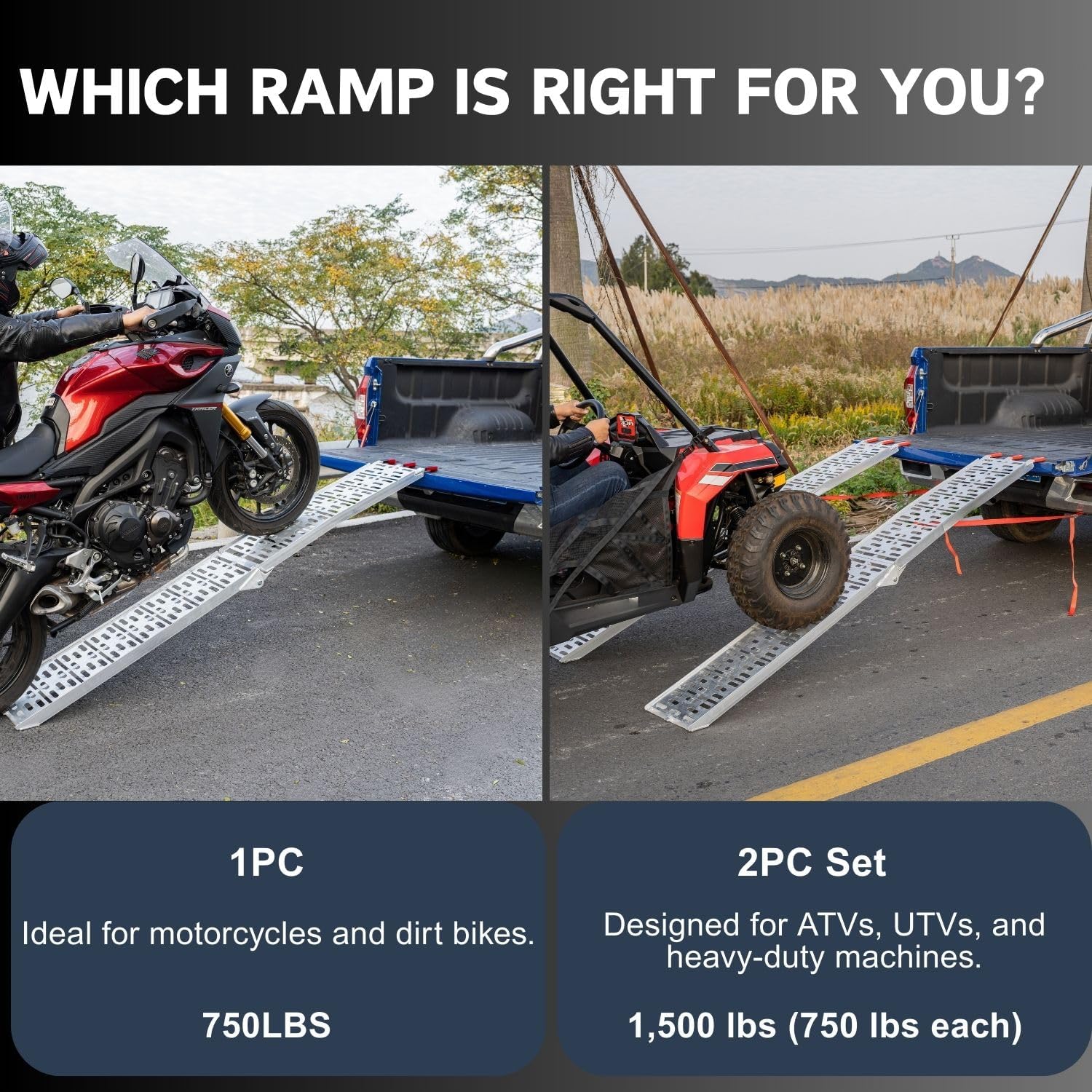 Aluminum Motorcycle Ramp for Pickup Trucks, 7.5 ft Folding Dirt Bike Loading Ramp, Punched Plate Surface, 750 lb Capacity, Rubber-Tipped Fingers, Strap Included, 89 x 12 in, 1 Pc