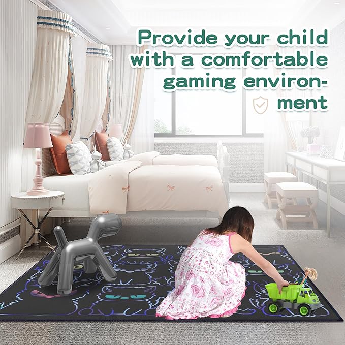 Black Play Cat Rug for Playroom for Boys Girls 2x3 Funny Cute Cat Cartoon Decor - Image 3