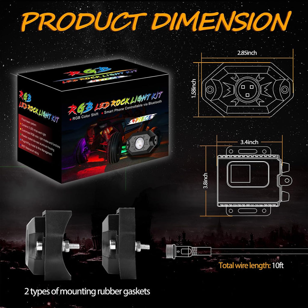 RGB Rock Light Kits, Niwaker 4 Pods LED Rock Lights with Bluetooth Control Multicolor Neon LED Lights RGB Underglow Lights for Truck UTV ATV SUV Off Road Side by Side Polaris Can-am Kawasaki Boat