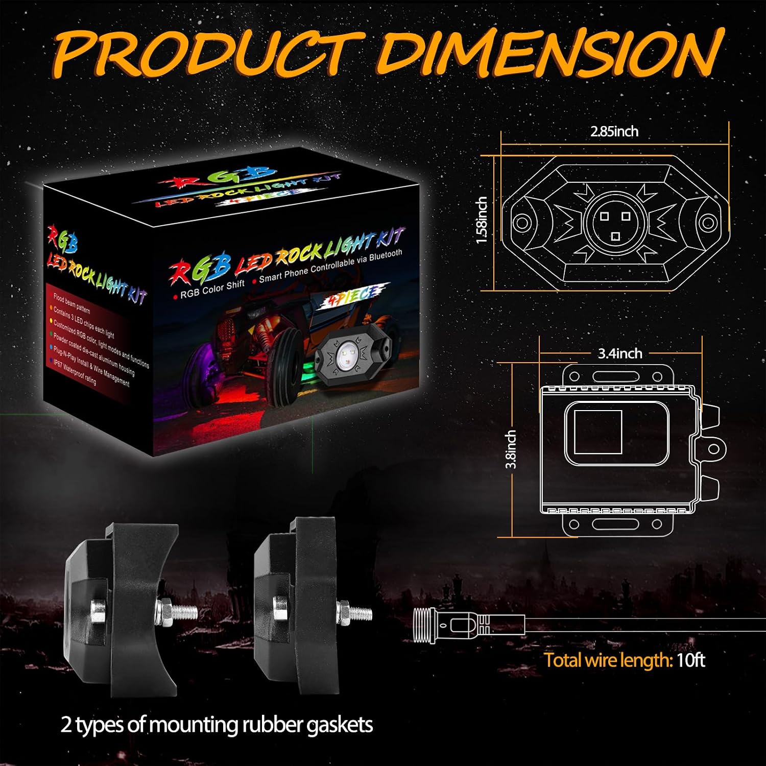 RGB Rock Light Kits, Niwaker 4 Pods LED Rock Lights with Bluetooth Control Multicolor Neon LED Lights RGB Underglow Lights for Truck UTV ATV SUV Off Road Side by Side Polaris Can-am Kawasaki Boat
