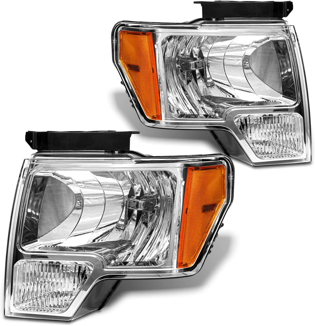 2009 2010 2011 2012 2013 2014 Ford F150 Pickup Headlight Assembly for 09-14 Ford F150 Clear Lens Chrome Housing with Amber Reflector Headlamp Replacement Left and Right Pair（W/O Bulbs）