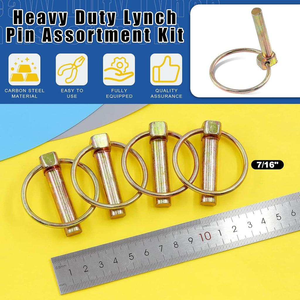 Glarks 15Pcs 7/16" x 1-3/4" Lynch Pin with Lanyard Cable Set 10Pcs Lynch Pin Lock Pin Clips and 2Pcs 304 Stainless Steel Lanyard Cable with Quick Release Ring for Farm Tractors Trailers Trucks Mowers