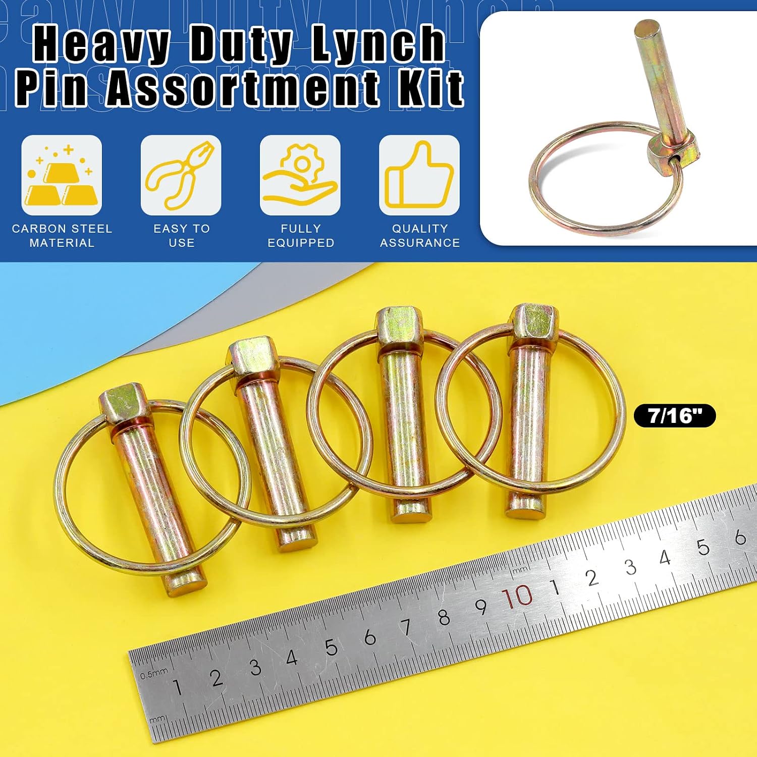 Glarks 15Pcs 7/16" x 1-3/4" Lynch Pin with Lanyard Cable Set 10Pcs Lynch Pin Lock Pin Clips and 2Pcs 304 Stainless Steel Lanyard Cable with Quick Release Ring for Farm Tractors Trailers Trucks Mowers