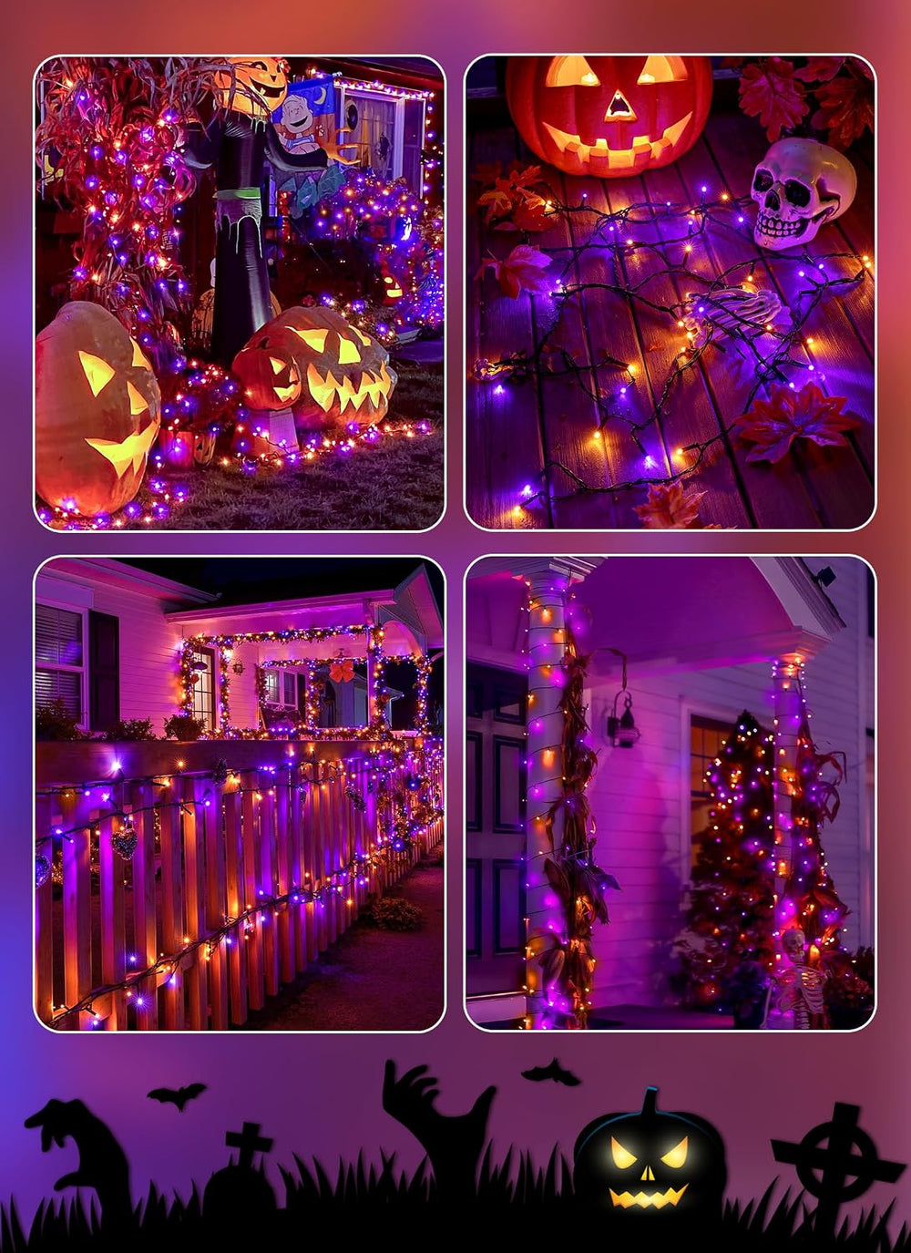 Brightown 4 Pack Solar Halloween Lights, 184FT 480 LED, Orange and Purple