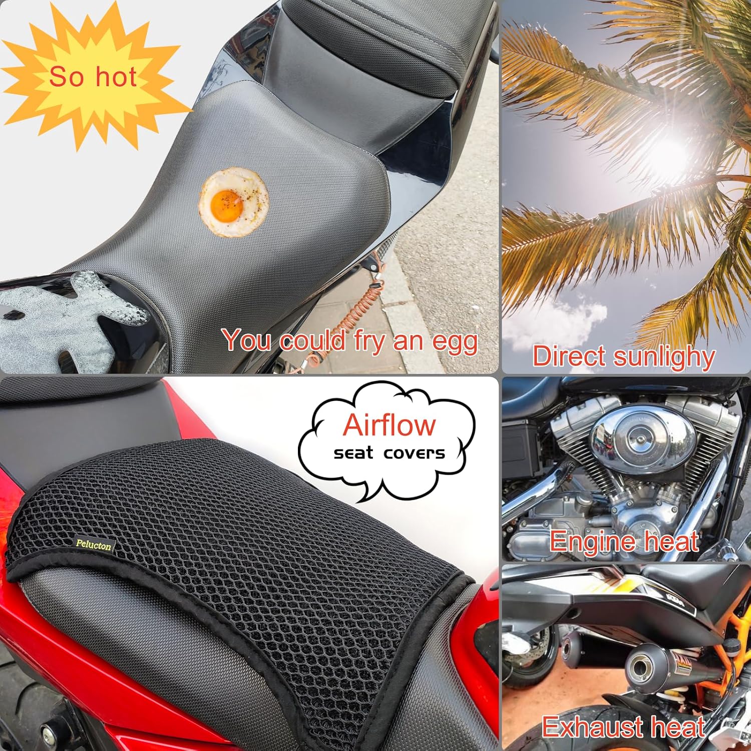 Double-Layer Motorcycle Cool Seat Cover, Universal Breathable Motorbike Mesh Seat Cushion pad, Airflow Non-Slip Motorcycle Saddle Sun Protection Cover