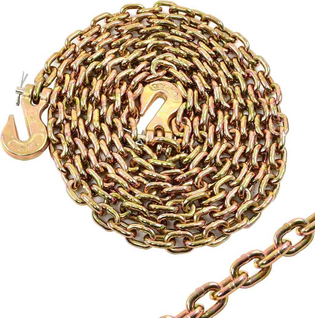 Heavy Duty G80 Transport Binder Chain 1/4'' Inch x 12 Feet,Tow Chain with G70 Clevis Grab Hooks,3300 lbs Safe Working Load Logging for Transporting, Towing(1/4'' x 12FT Yellow).