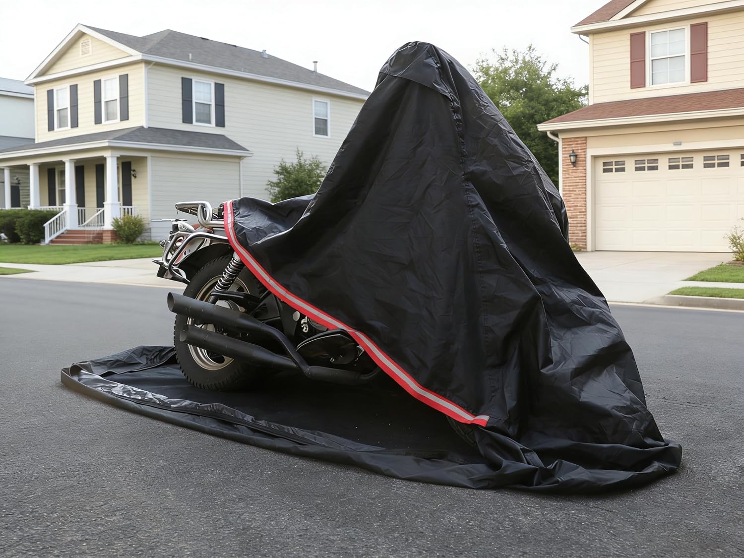 Full Enclosed Motorcycle Cover - Waterproof for Outdoor & Indoor Storage,600D Heavy Duty with Reflective Strips,Fits Scooters & Touring Motorcycles up to Length 108" x 45" x 59" Black
