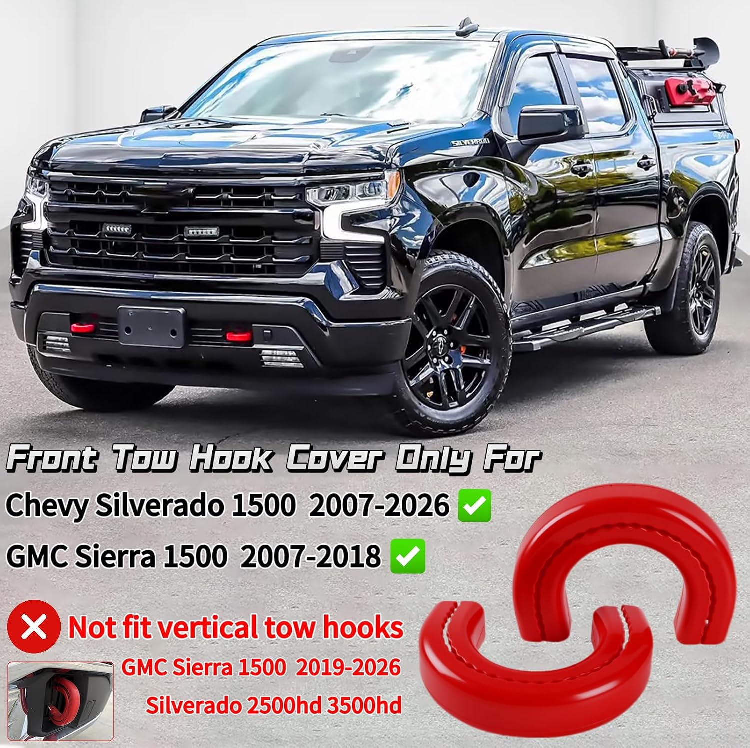 Extended Front Tow Hook Cover for 2007-2026 Chevy Silverado 1500 & 2007-2018 GMC Sierra 1500, Silverado 1500 Accessories, Sierra 1500 Accessories, Chevy 1500 Accessories, Silicone, Red (2 Pack)