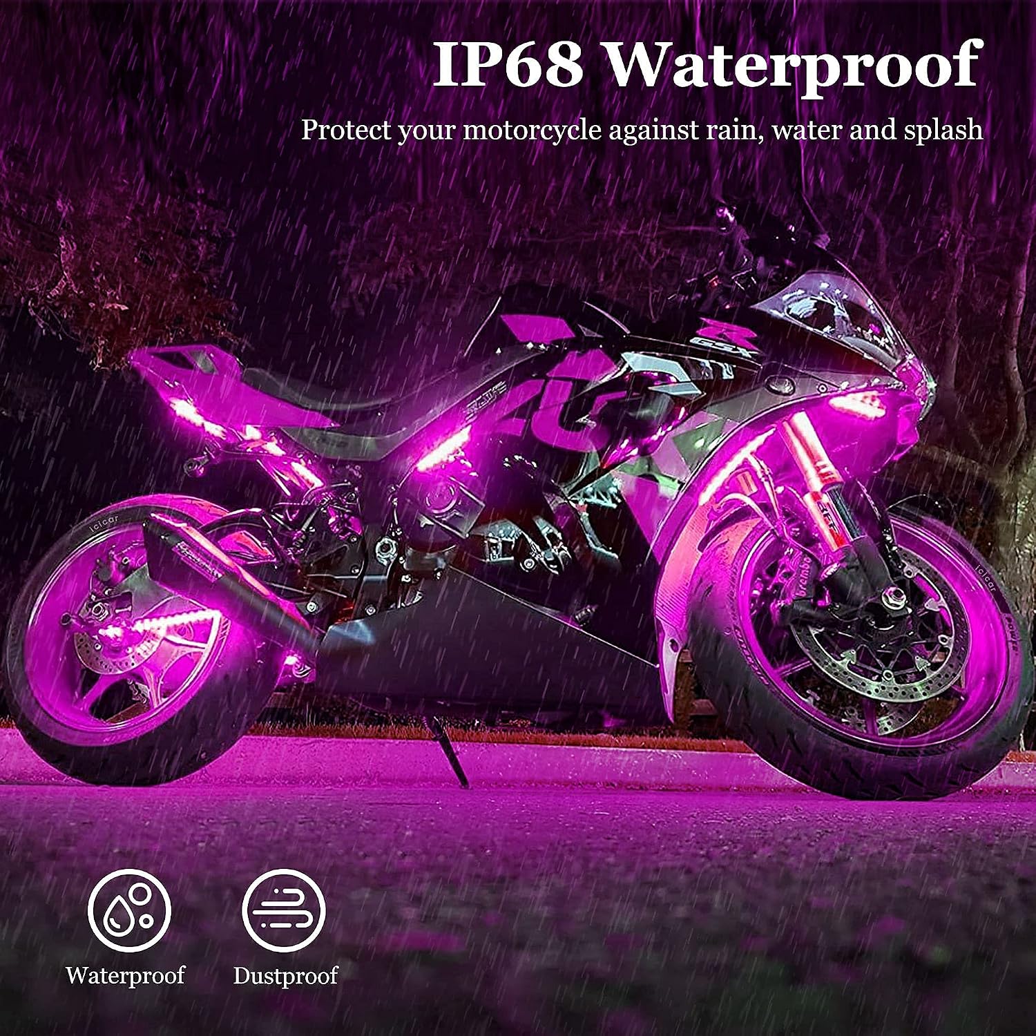 Motorcycle LED Underglow Kit, icicar 12 Pcs APP/RF Control Multicolor Motorcycle LED Light Kit with Brake Turn Signal, IP68 Waterproof & Music Sync Ambient Light for Motorcycles
