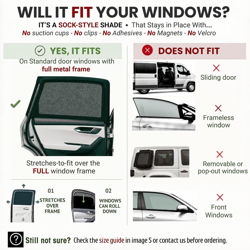 XL/Car Side Window Shades for SUV. 8 Sizes/2 Pack. Stretch-to-Fit Mesh for Rear Windows Up to H:20" x W:46". Sun, Heat & Bugs Protection, Blocks 96% UVA. Camping Windows Screens | Qualizzi®