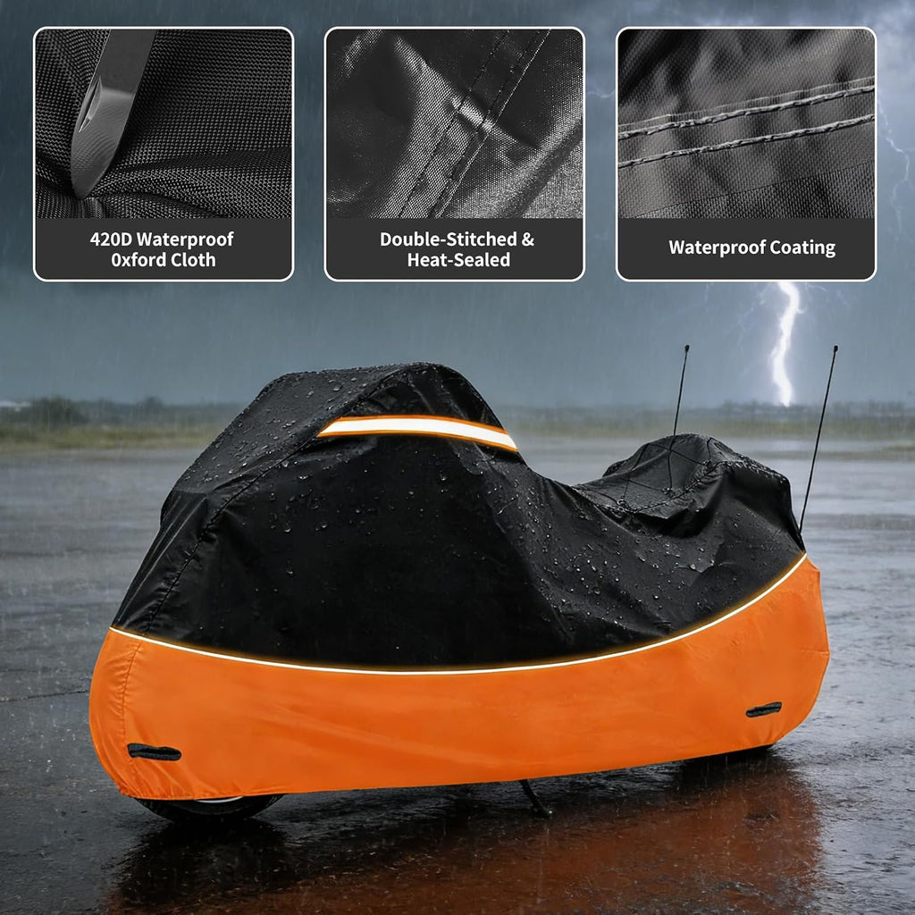 Heavy Duty 420D Oxford Motorcycle Cover | Waterproof Outdoor Touring Cover Compatible with Harley Davidson Road King,Street Glide, Road Glide, Ultra Limited, CVO,Fits Motorcycles Up to 110"