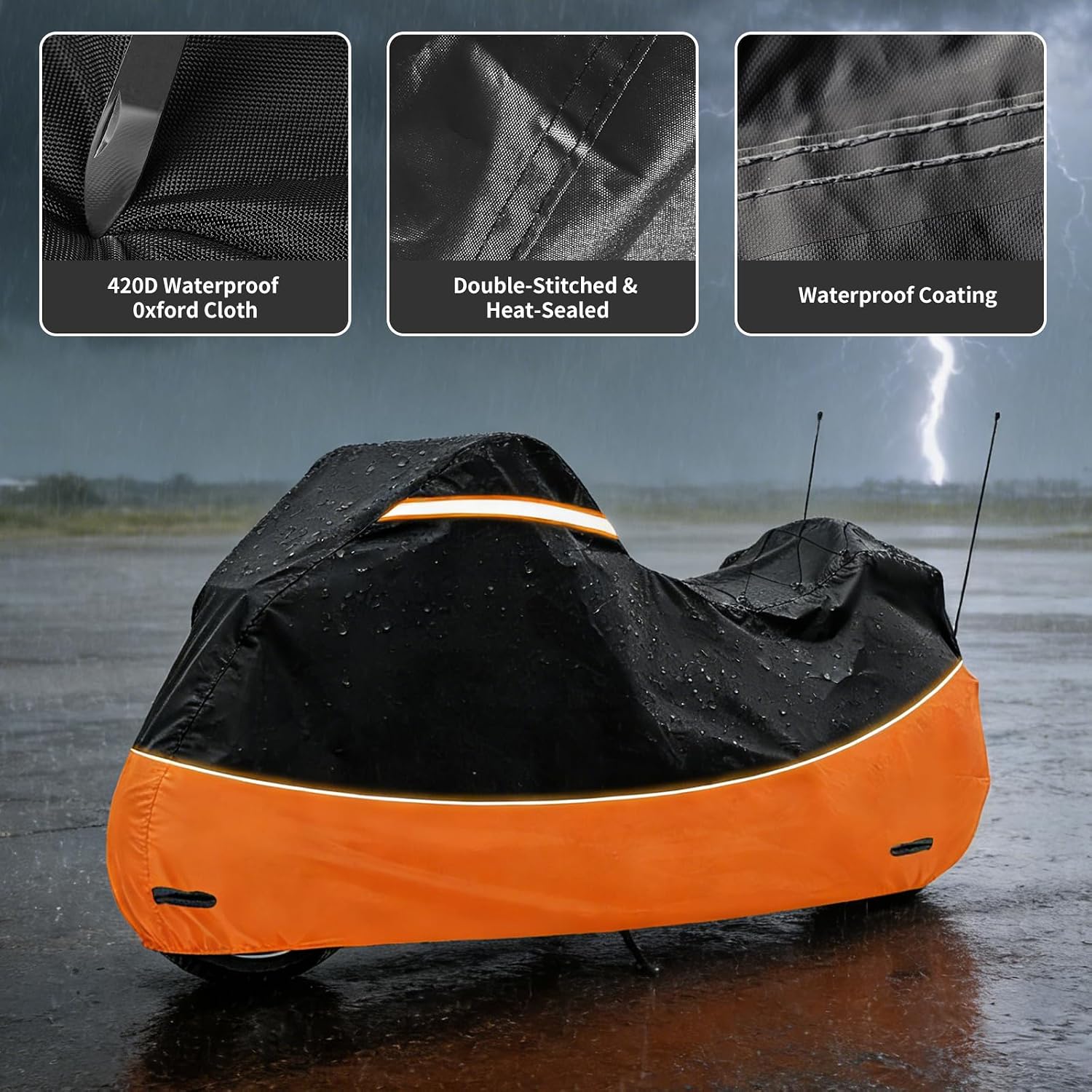 Heavy Duty 420D Oxford Motorcycle Cover | Waterproof Outdoor Touring Cover Compatible with Harley Davidson Road King,Street Glide, Road Glide, Ultra Limited, CVO,Fits Motorcycles Up to 110"