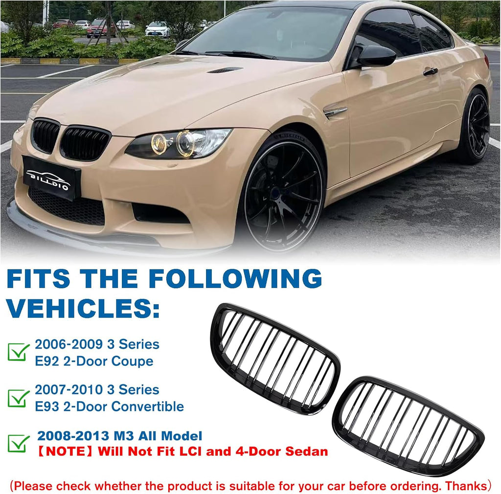 E92 E93 M3 Front Kidney Grille ABS Double Slats Gloss Black 2Pcs | Sporty Style Grille Upgrade, No-Drill Clip-On Install, Sensor & Airflow Compatible With BMW 3 Series E92 E93 M3 2006-2010