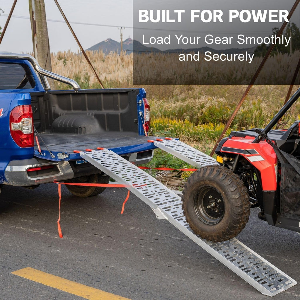 Aluminum Motorcycle Ramp for Pickup Trucks, 7.5 ft Folding Dirt Bike Loading Ramp, Punched Plate Surface, 750 lb Capacity, Rubber-Tipped Fingers, Strap Included, 89 x 12 in, 1 Pc