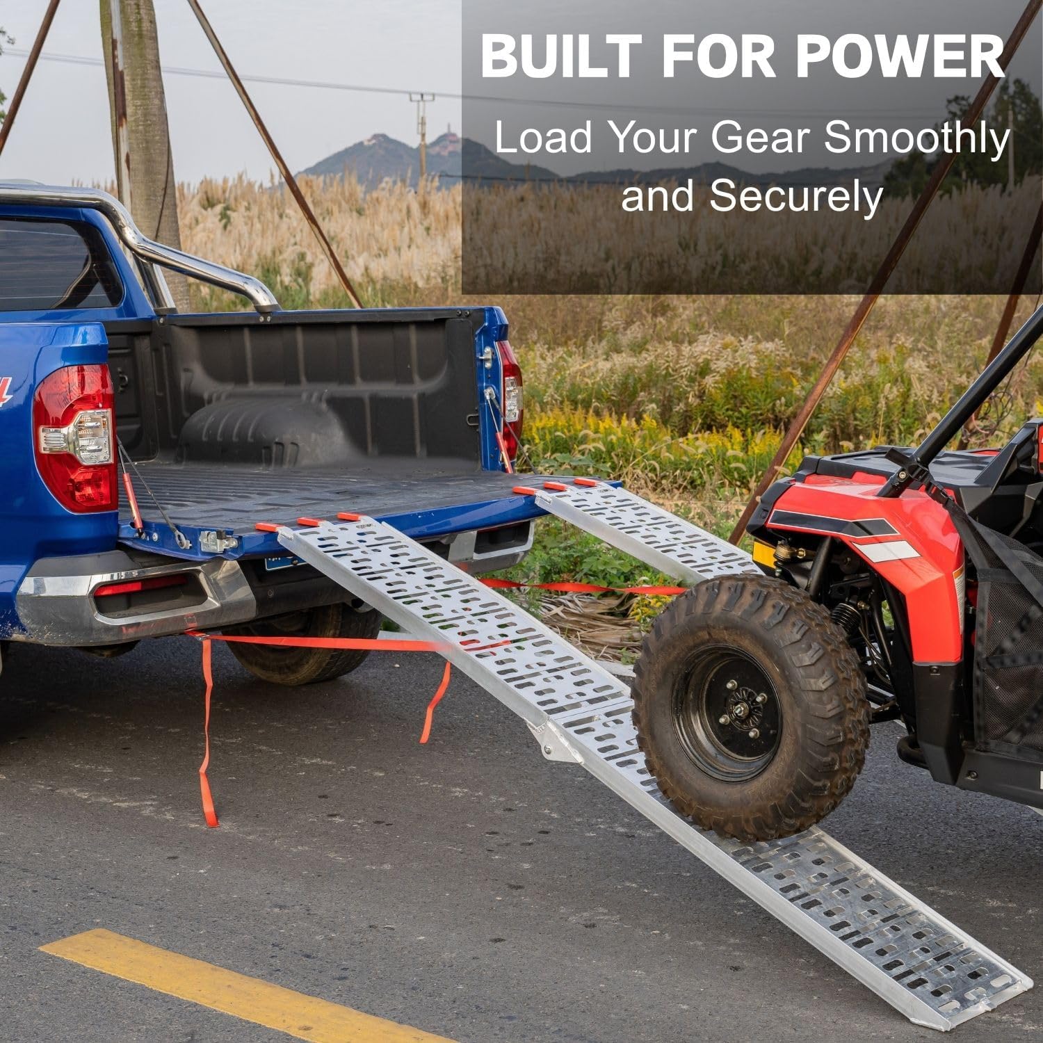 Aluminum Motorcycle Ramp for Pickup Trucks, 7.5 ft Folding Dirt Bike Loading Ramp, Punched Plate Surface, 750 lb Capacity, Rubber-Tipped Fingers, Strap Included, 89 x 12 in, 1 Pc