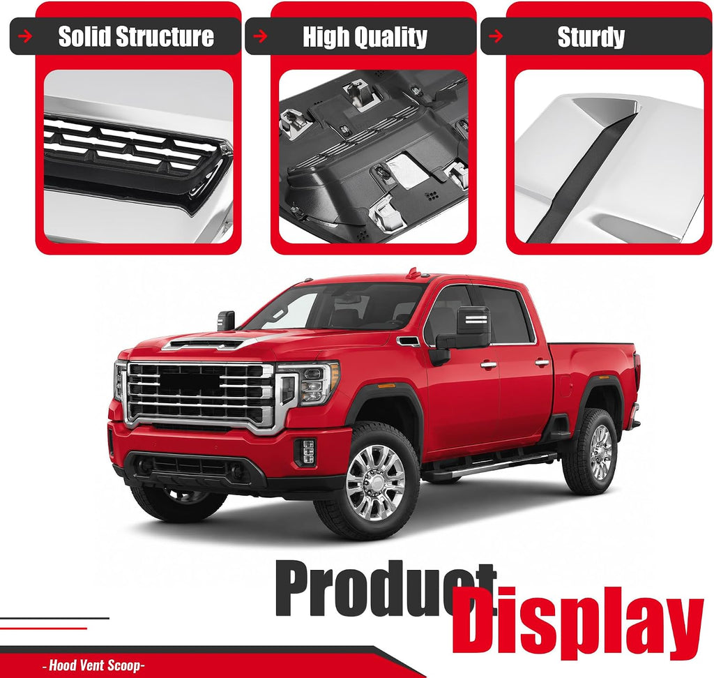 Front Upper Hood Scoop Vent Compatible with 2020-2023 GMC Sierra 2500 HD/3500 HD Replacement for 84802216 Air Vent Hoods Plastic (ABS+PP) Chrome Silvery+Black