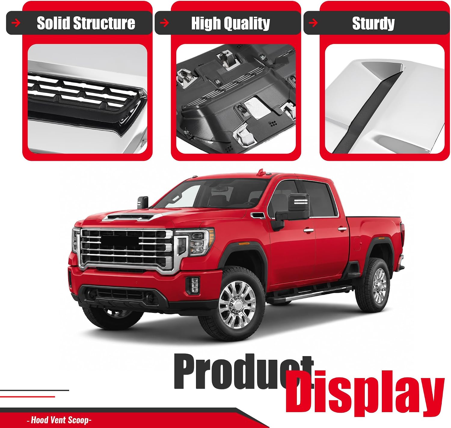 Front Upper Hood Scoop Vent Compatible with 2020-2023 GMC Sierra 2500 HD/3500 HD Replacement for 84802216 Air Vent Hoods Plastic (ABS+PP) Chrome Silvery+Black
