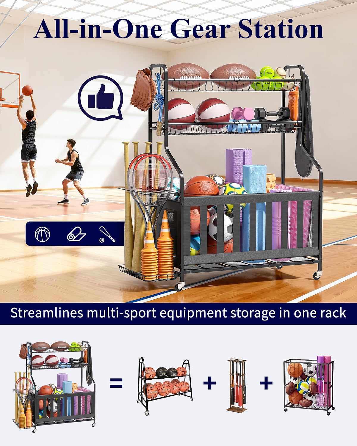 kitsure sports equipment organizer with wheels, garage ball shown in use