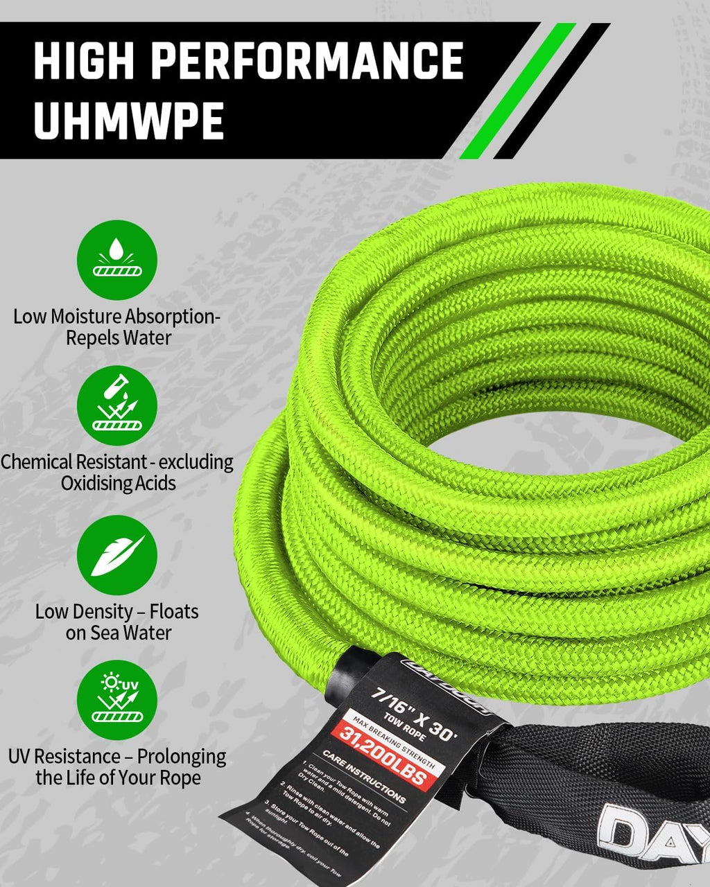 DAYDOOR Recovery Tow Rope Kit with 2 Soft Shackles, 7/16 Inch x 30 ft 31,200 Lbs UHMWPE Tow Strap, Synthetic Towing Rope Recovery Kit for ATV, UTV, SUV, Cars (Green)