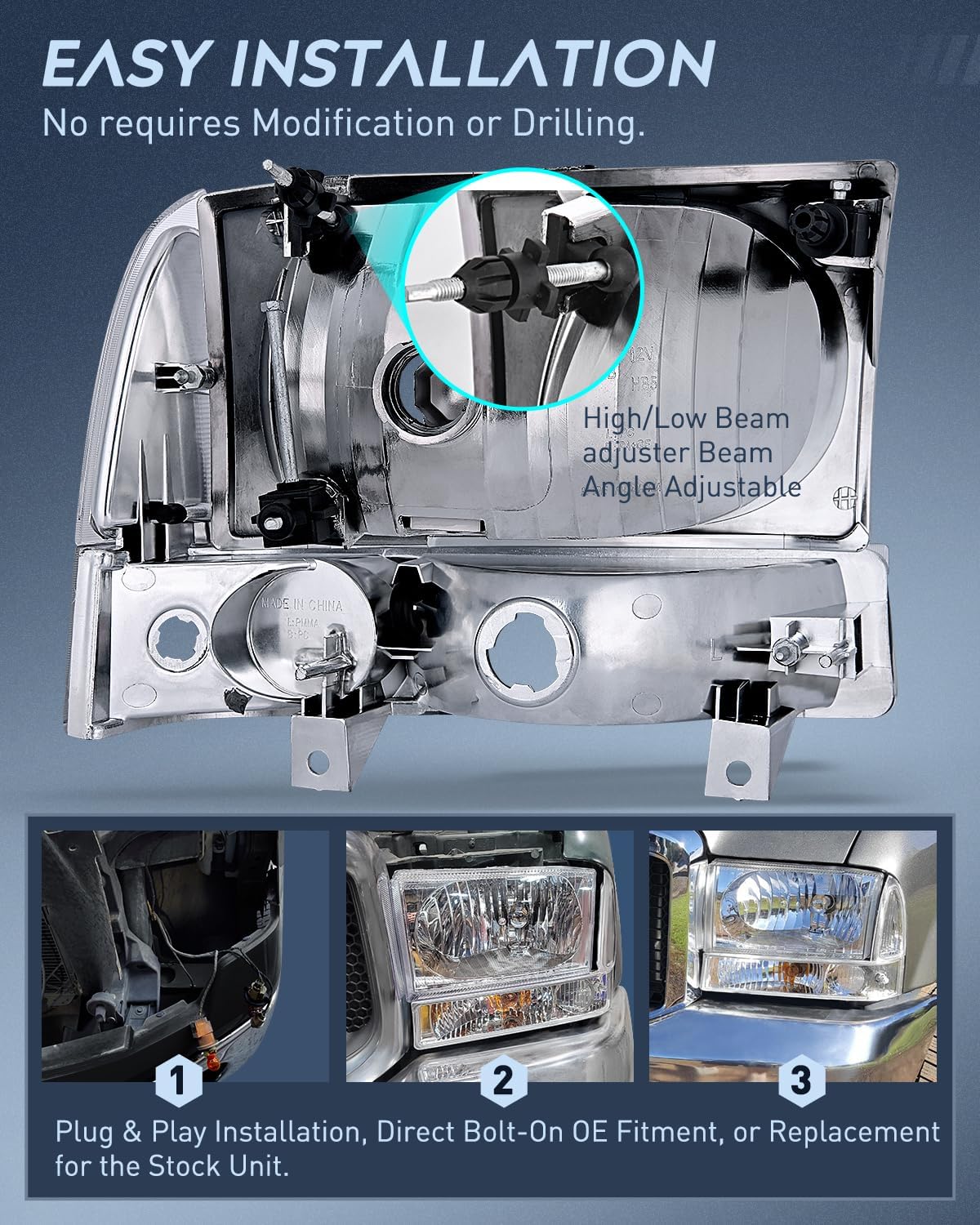 Nilight Headlight Assembly 1999 2000 2001 2002 2003 2004 F250 F350 F450 F550 Super Duty,Headlights Assembly Replacement,Chrome Housing Clear Corner Clear Lens,4 Pack