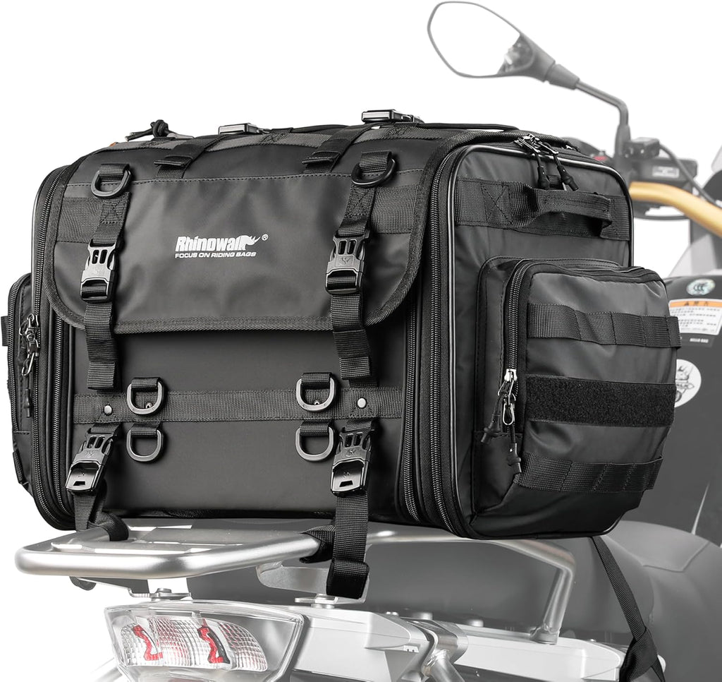 Rhinowalk Motorcycle Tail Bag, Expandable Motorcycle Travel Luggage Bags 60L, Waterproof All-Weather Trunk Rack Bag with Sissy Bar Straps & Helmet Rain Cover-Black