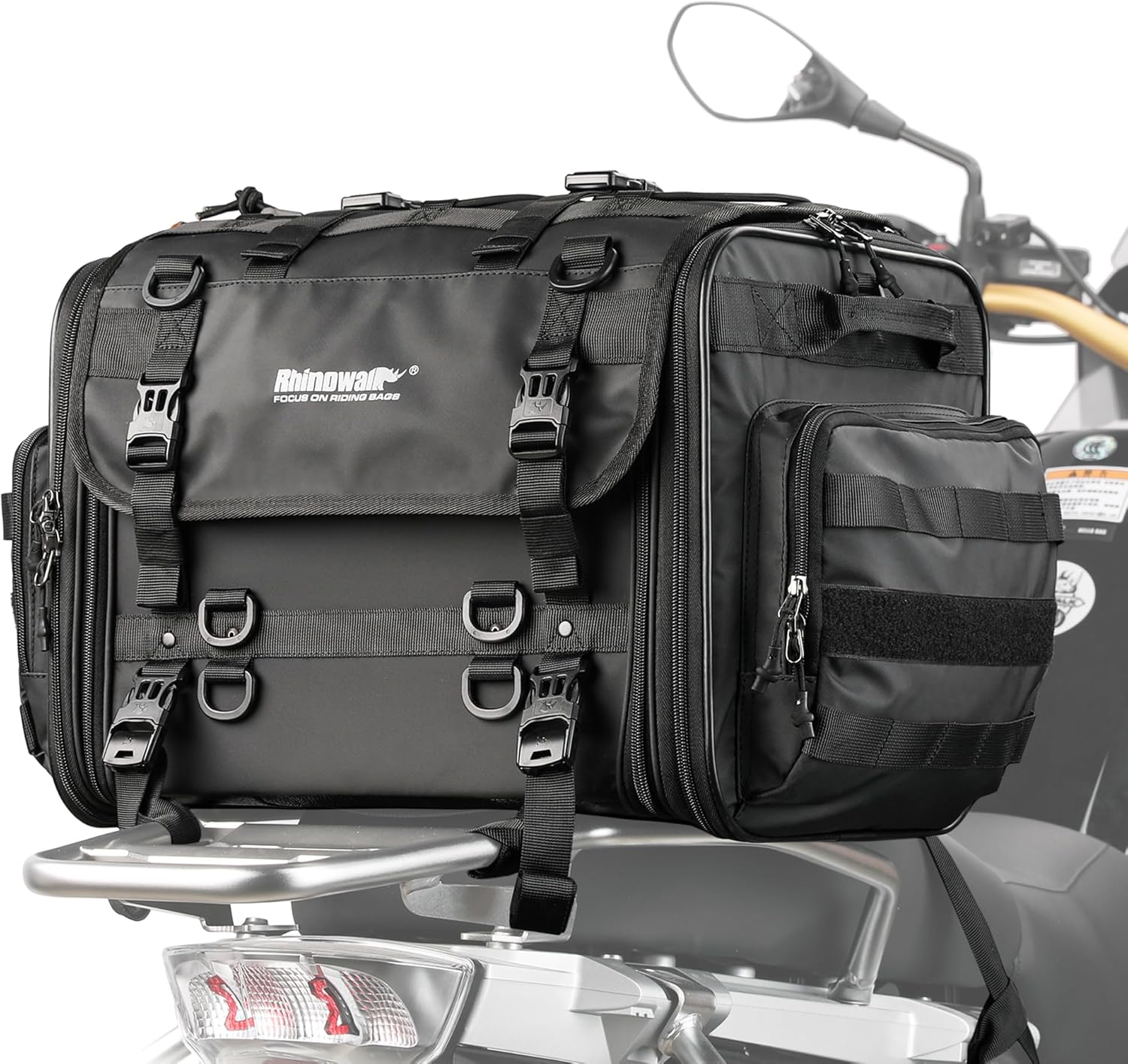 Rhinowalk Motorcycle Tail Bag, Expandable Motorcycle Travel Luggage Bags 60L, Waterproof All-Weather Trunk Rack Bag with Sissy Bar Straps & Helmet Rain Cover-Black