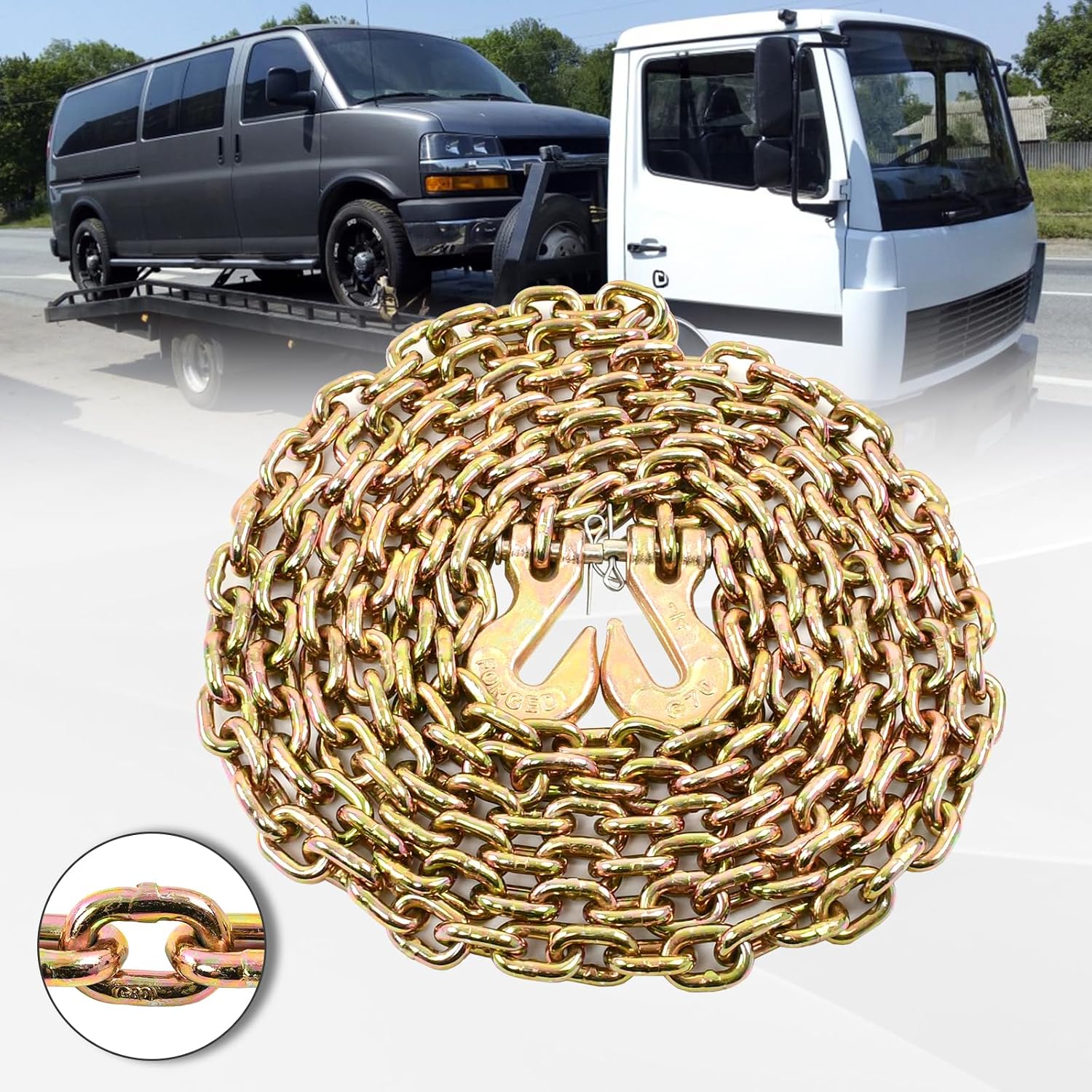 Heavy Duty G80 Transport Binder Chain 1/4'' Inch x 12 Feet,Tow Chain with G70 Clevis Grab Hooks,3300 lbs Safe Working Load Logging for Transporting, Towing(1/4'' x 12FT Yellow).