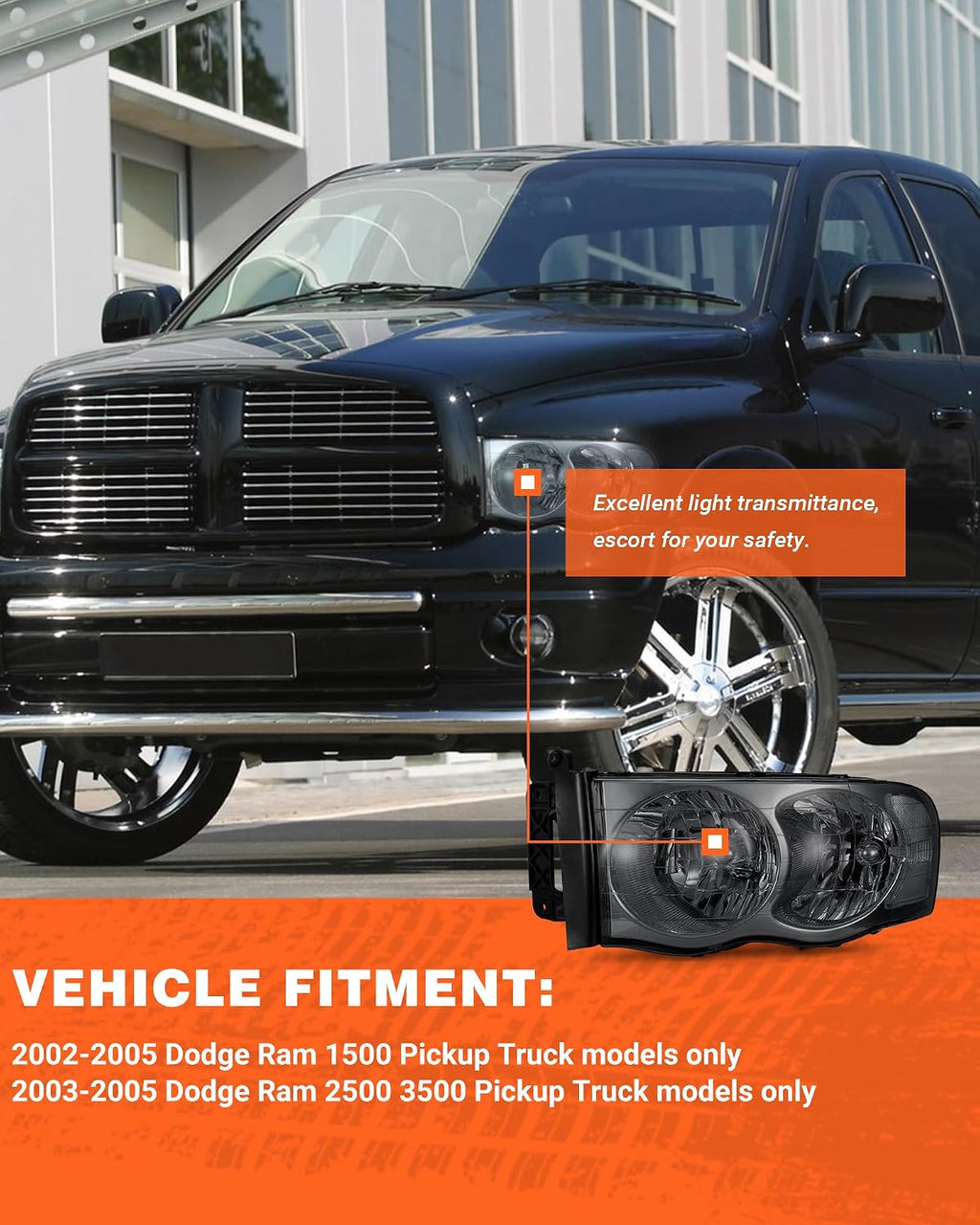 Headlight Assembly for 2002-2005 Dodge Ram 1500 | 2003-2005 Ram 2500/3500 Smoke Housing Clear Reflector Clear Lens Headlamp Replacement Driver and Passenger Side